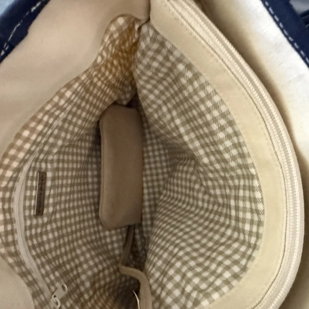VTG Jennifer Moore Womens Large‎ Tote Bag Canvas Navy Trim Gingham Lined 90s